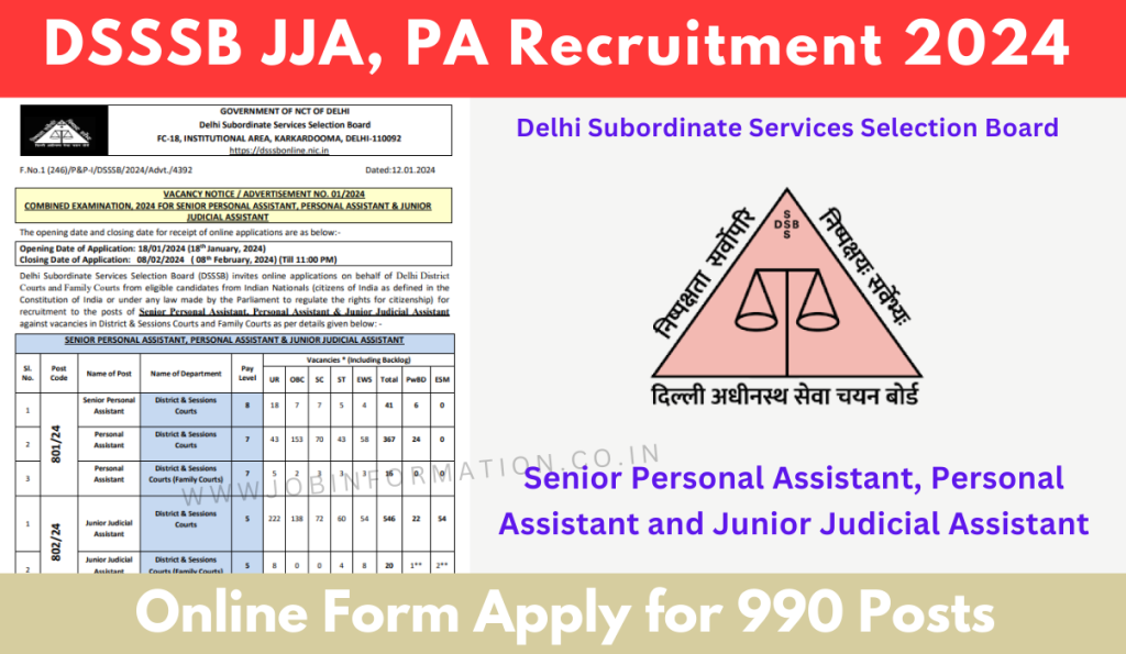 DSSSB JJA, PA Recruitment 2024 Out: Online Form 990 Posts, Posts Check, Notification PDF, Eligibility and How to Apply