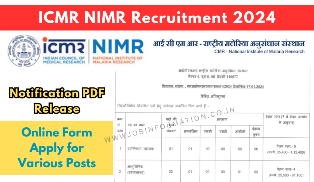 ICMR NIMR Recruitment 2024 PDF: Online Application Form for PA, UDC, LDC, Steno Vacancies, Notification and Apply to Process
