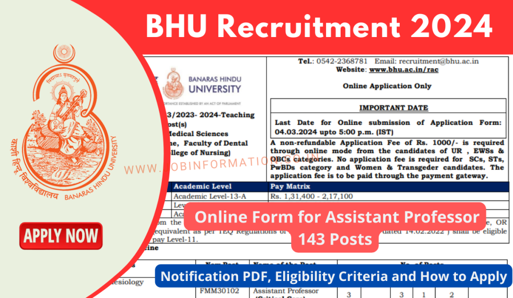 BHU Assistant Professor Recruitment 2024 PDF: Online Form for 143 Vacancies, Notification, Eligibility Criteria and How to Apply
