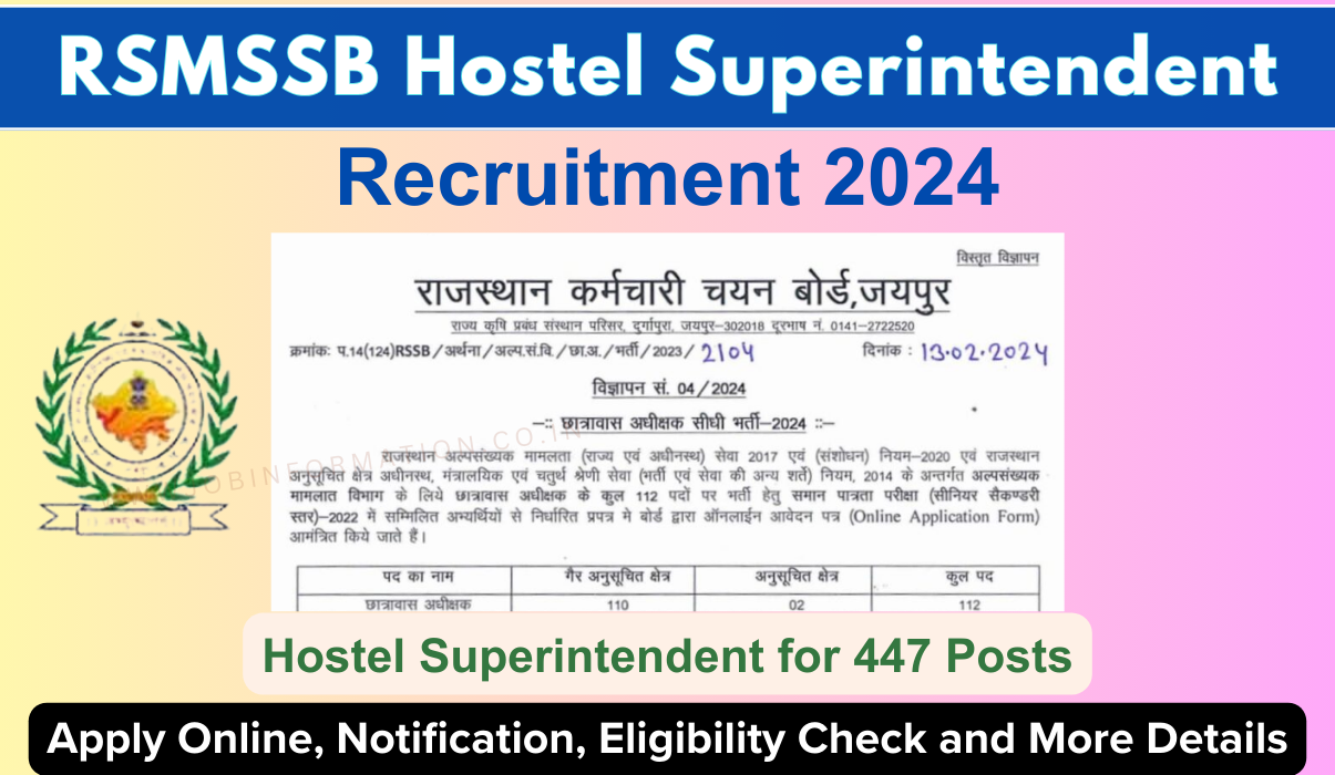RSMSSB Hostel Superintendent Recruitment 2024: Notification Out for 447 Vacancies, Apply Online Form at @sso.rajasthan.gov.in