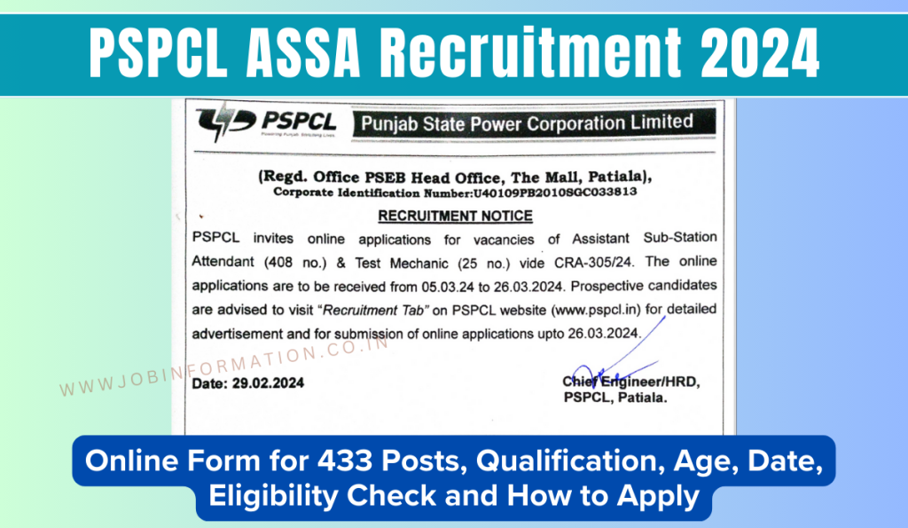 PSPCL ASSA Recruitment 2024 Notice: Online Form for 433 Posts, Qualification, Age, Date, Eligibility Check and How to Apply