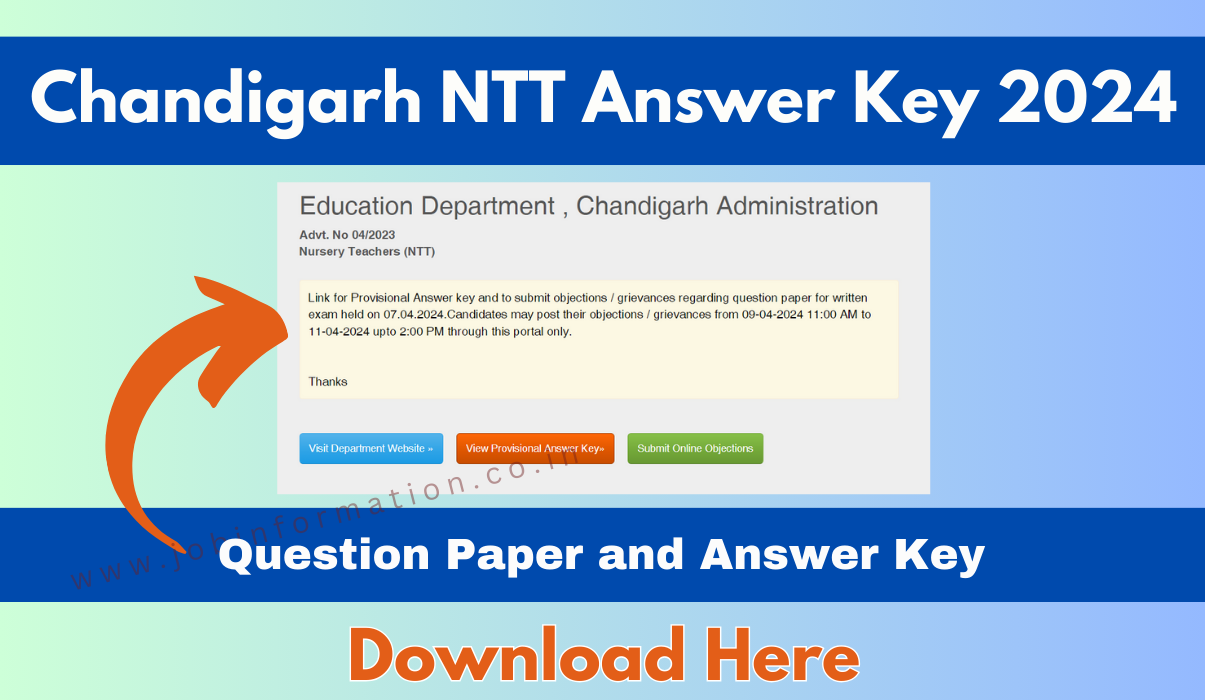 Chandigarh NTT Answer Key 2024 Download, Question Paper PDF Download and Other Detail Check