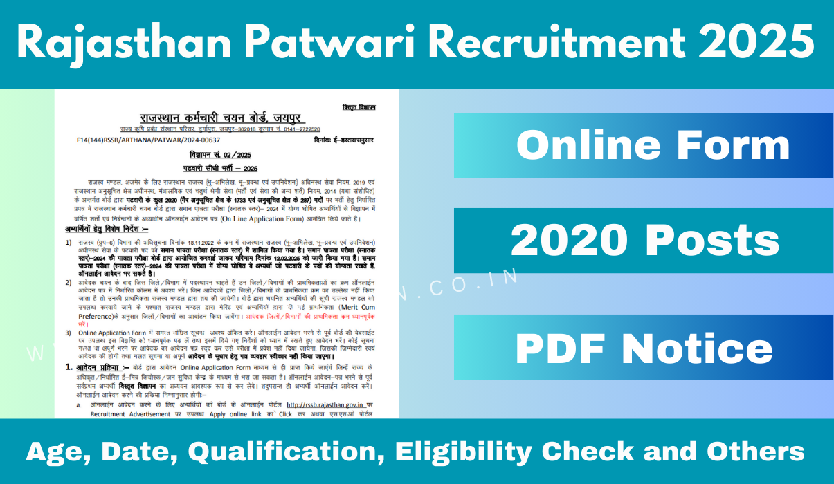 Rajasthan Patwari Recruitment 2025 Apply Form for 2020 Posts, Notification PDF, How to Apply